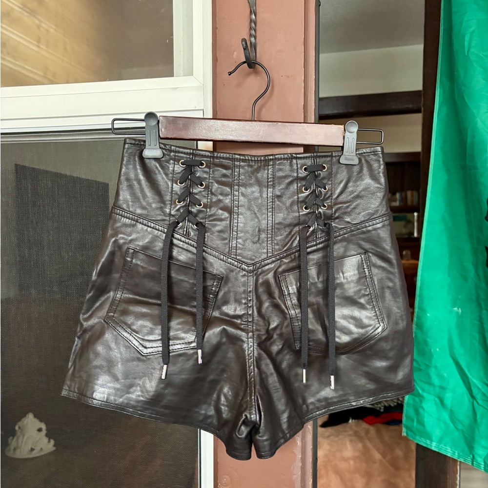 Women's Black Leather Lace-Up Shorts